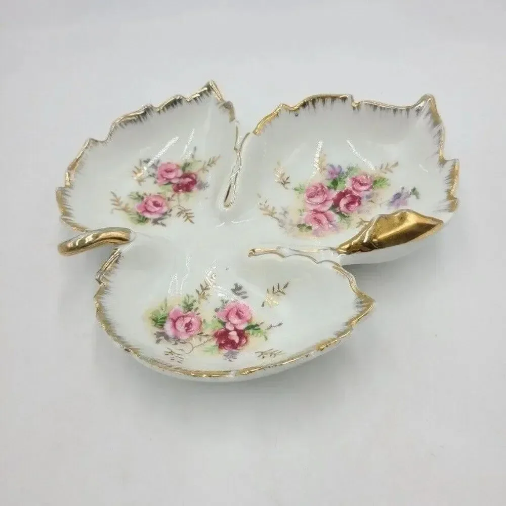 Porcelain Leaf Shaped Trinket Candy Dish Pink Roses Gold Trim Hand Painted Dish